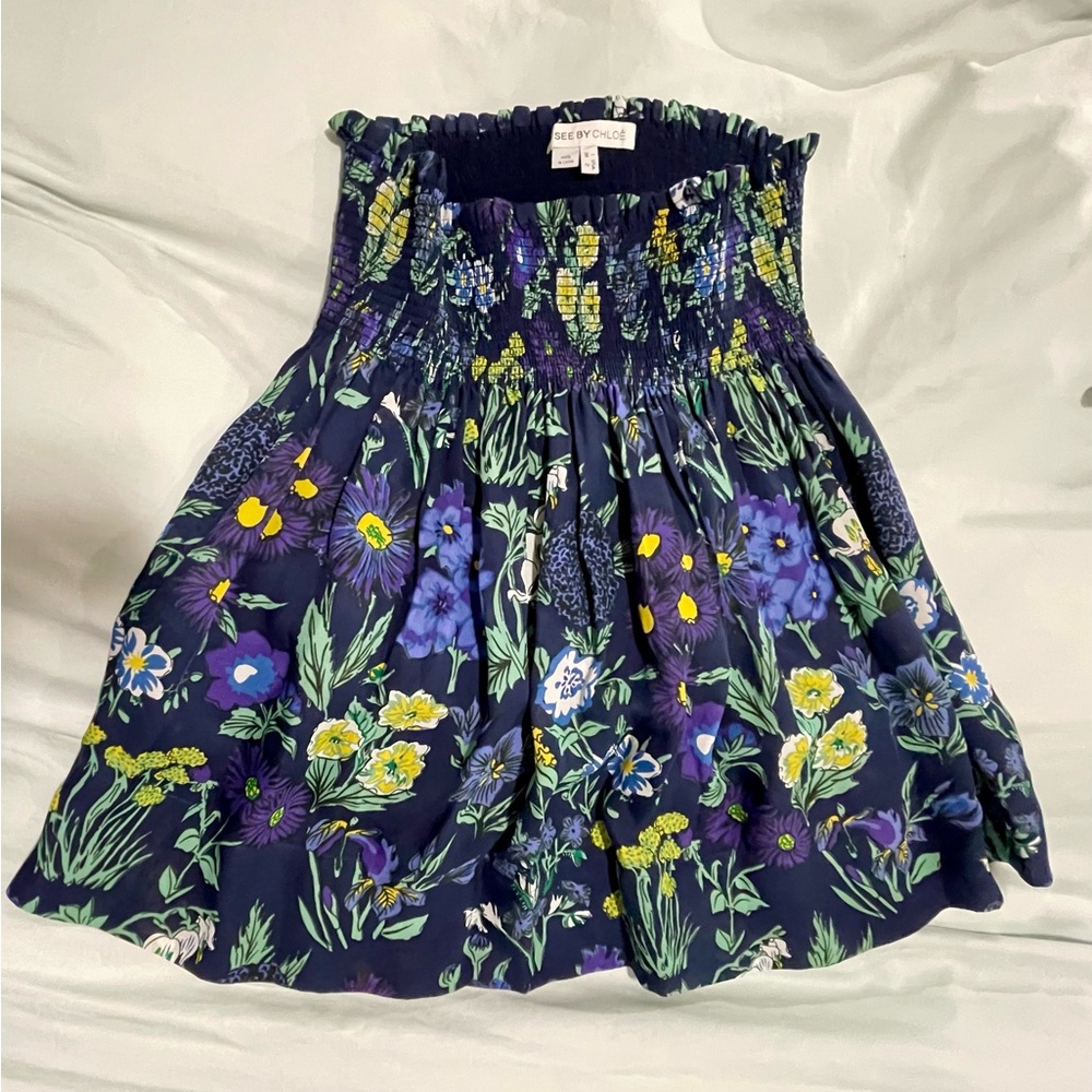 See By Chloe Yellow Navy and Purple Smocked Skirt